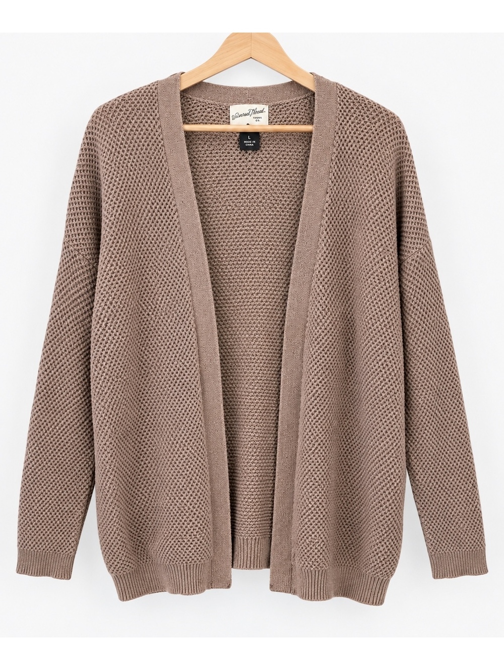 Universal Thread Waffle Knit Open Front Cardigan Women’s L Taupe Organic Cotton